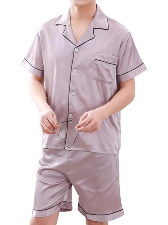 Sleep Sets Men's Satin Short Sleeve Sleepwear with Shorts Pajamas Set - Purple Grey - CO18SS8O6NA $21.29