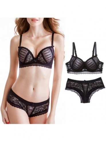 Bras Women's Lace Bra Set Sexy Lingerie and Thongs Bra and Panty Set Push Up Bra Underwire Bra - Black-a - C118Q0IN45Q $33.63