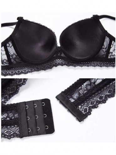 Bras Women's Lace Bra Set Sexy Lingerie and Thongs Bra and Panty Set Push Up Bra Underwire Bra - Black-a - C118Q0IN45Q $33.63