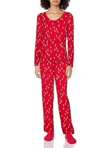 Sets Women's Mini Character Printed Rayon Tee and Pant 3 Piece Pajama Set - Tango Red/Snowman at Sunset - CZ186OIDU4W $62.87