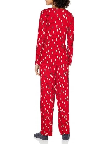 Sets Women's Mini Character Printed Rayon Tee and Pant 3 Piece Pajama Set - Tango Red/Snowman at Sunset - CZ186OIDU4W $37.89