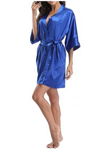 Robes Womens Satin Wedding Kimono Bride Robe Sleepwear Bridesmaid Pajamas Bathrobe Nightgown Dressing Gown Royal Blue - CQ194...