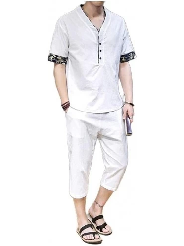 Sleep Sets Men Casual Shirt Big & Tall Summer Cotton Linen 2-Piece Pajamas - White - C419E4NMHGE $44.37