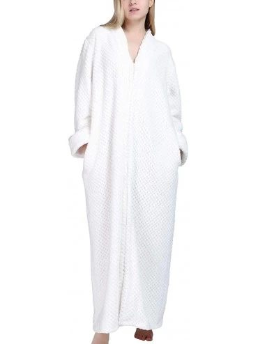 Robes Women's Fleece Robe Waffle Soft Zip Up Front Pocket Long Bathrobe Loungewear - Grey - CU18M3ZDZS8 $76.36