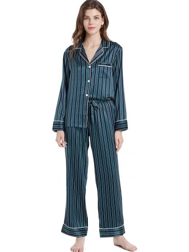 Sets Women's Silky Satin Pajamas Long Sleeve PJ Set Sleepwear Loungewear - Deep Jungle/Navy Stripe - C418RSOYYEZ $47.89