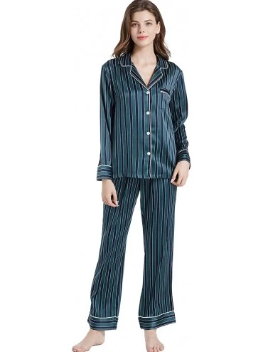 Sets Women's Silky Satin Pajamas Long Sleeve PJ Set Sleepwear Loungewear - Deep Jungle/Navy Stripe - C418RSOYYEZ $28.61