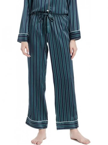 Sets Women's Silky Satin Pajamas Long Sleeve PJ Set Sleepwear Loungewear - Deep Jungle/Navy Stripe - C418RSOYYEZ $28.61