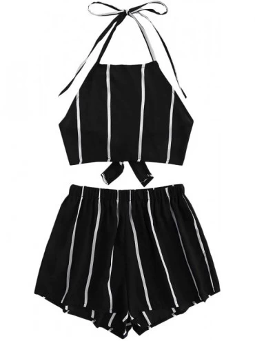 Sets Women's 2 Piece Outfit Satin Pajama Set Bralette and Lace Trim Shorts Sleepwear - Black2 - CO1943G4H4N $37.25
