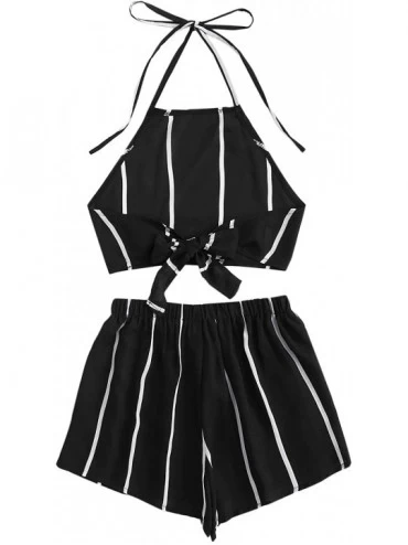 Sets Women's 2 Piece Outfit Satin Pajama Set Bralette and Lace Trim Shorts Sleepwear - Black2 - CO1943G4H4N $18.37