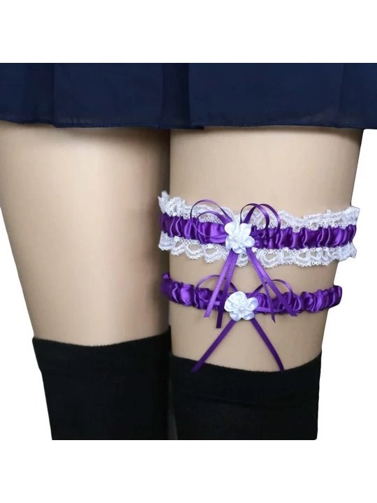 Garters & Garter Belts 2Pcs/Set Women Bowknot Lace Trim Garter Sexy Bridal Garter Wedding Cosplay Leg Accessory - Purple - CV...
