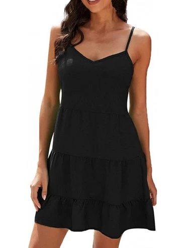 Slips Women's Full Slip Basic Adjustable Spaghetti Strap Camisole Mini Dress Ruffles V Neck Nightgown - Black - CT1908QT9TA $...