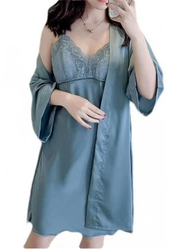 Robes Women's Satin 2 PCS Outfits Loungewear Spaghetti Strap Sleepdress Robes - Lake Blue - CD19CSAZYZ8 $35.63