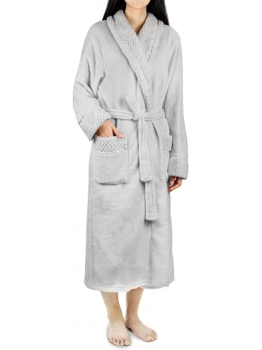 Robes Deluxe Women Fleece Robe with Satin Trim | Luxurious Plush Spa Bathrobe Waffle Design - Light Grey - CW18E8IC8A2 $51.08