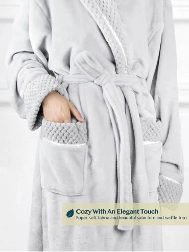 Robes Deluxe Women Fleece Robe with Satin Trim | Luxurious Plush Spa Bathrobe Waffle Design - Light Grey - CW18E8IC8A2 $25.88
