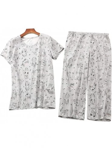 Sets Womens Juniors Cute Printed Cotton Pajamas Set 2 Pieces Sleepwear with Pants - Grey-cat - CV19CS39C93 $52.90