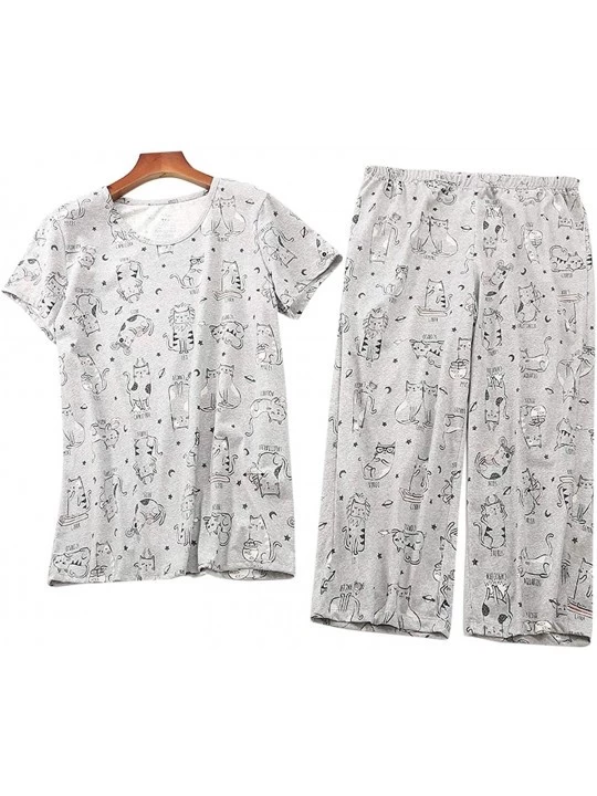 Sets Womens Juniors Cute Printed Cotton Pajamas Set 2 Pieces Sleepwear with Pants - Grey-cat - CV19CS39C93 $34.10