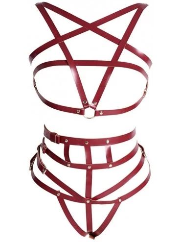 Garters & Garter Belts Women's Leather Chest Pentagram Body Harness Lingerie Full Waist Garter Belts Set - Wine Red - CU19DC5...
