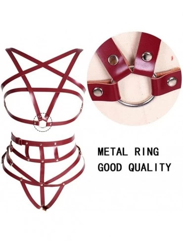 Garters & Garter Belts Women's Leather Chest Pentagram Body Harness Lingerie Full Waist Garter Belts Set - Wine Red - CU19DC5...