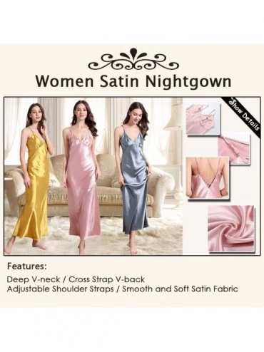 Nightgowns & Sleepshirts Women's Sexy Satin Deep V-Neck Adjustable Spaghetti Strap Sleeveless Long Nightgown - Yellow - C918Z...