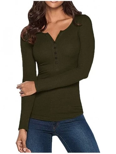 Baby Dolls & Chemises Womens V Neck Henley Shirts Long Sleeve Ribbed Button Down Basic Tops Tees - Army Green - CO18AKQLNTG $...