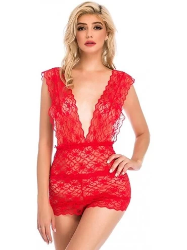 Bustiers & Corsets Womens Sexy V-Neck Jumpsuit See Through Sleeveless Lingerie Sleepwear Underwear - Red - CG1953QA737 $18.89
