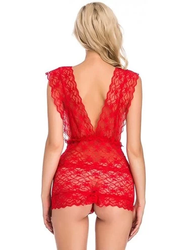 Bustiers & Corsets Womens Sexy V-Neck Jumpsuit See Through Sleeveless Lingerie Sleepwear Underwear - Red - CG1953QA737 $8.02