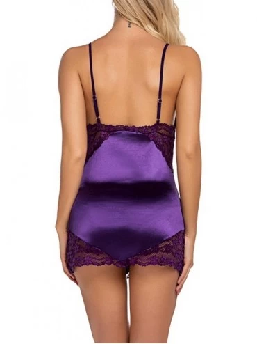 Baby Dolls & Chemises Women's Satin Nightgown Sexy Lingerie Lace Chemises Slip - Purple - CC192HEHQLQ $12.04