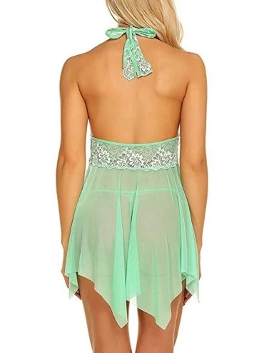 Baby Dolls & Chemises Womens Halter Hollow Out Lace Chemise See Through Underwear Nightgown Lingerie Set - Green - C8193U2XES...