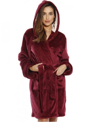 Robes Hooded Velour Robe for Women with Sherpa Lined Hood - Burgundy - C11835A8Z3C $53.13