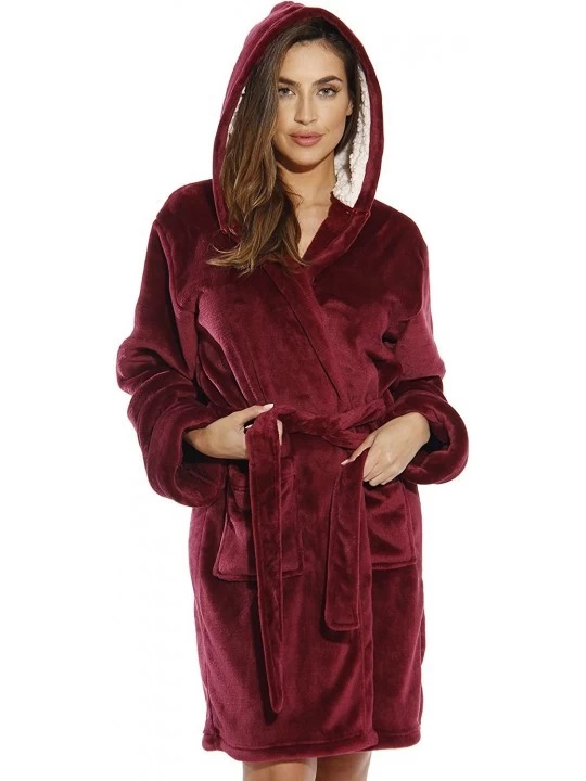 Robes Hooded Velour Robe for Women with Sherpa Lined Hood - Burgundy - C11835A8Z3C $20.53
