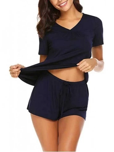 Sets Solid Short Sleeve V- Neck Shorts Sleepwear Two Piece Pajama Set - Navy - CT18TM7END6 $18.95