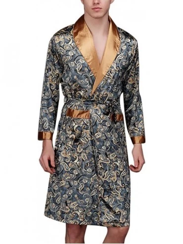 Robes Men's Satin Robe Dragon Luxurious Silk Spa Long Sleeve House Kimono Bathrobe Long Lightweight Sleepwear - Navy - C118U6...