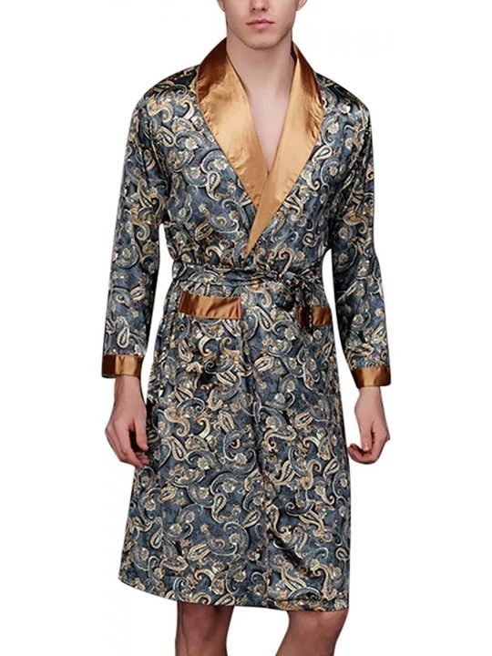 Robes Men's Satin Robe Dragon Luxurious Silk Spa Long Sleeve House Kimono Bathrobe Long Lightweight Sleepwear - Navy - C118U6...