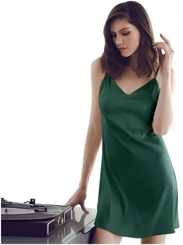 Nightgowns & Sleepshirts Women's Long Silky Tank Top Adjustable Spaghetti Strap Camisole Slip Dress - Style B V-green - C5197...