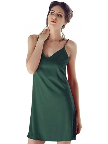 Nightgowns & Sleepshirts Women's Long Silky Tank Top Adjustable Spaghetti Strap Camisole Slip Dress - Style B V-green - C5197...