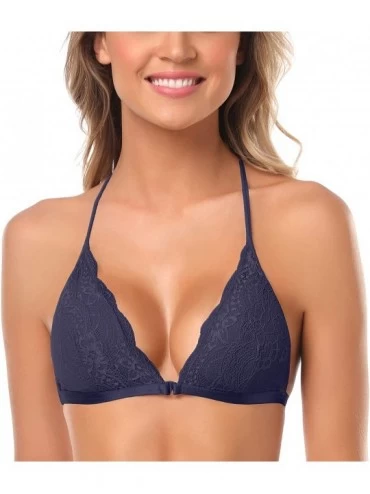 Panties Women Embroidery Floral Lace Bra Front Closure Wire Free Everyday Bralette Bra - Dark Blue - CJ1977XYE6T $15.93