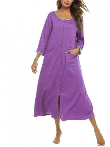 Robes Zipper Front Robes Women House Coat Half Sleeve Loungewear Long Nightgown with Pockets - Solid Purple - CW19CXSYENK $52.61
