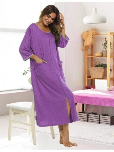 Robes Zipper Front Robes Women House Coat Half Sleeve Loungewear Long Nightgown with Pockets - Solid Purple - CW19CXSYENK $22.75