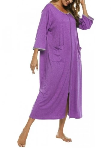Robes Zipper Front Robes Women House Coat Half Sleeve Loungewear Long Nightgown with Pockets - Solid Purple - CW19CXSYENK $22.75