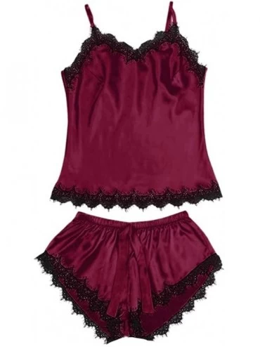 Sets Women's Satin Pajama Cami Set Silky Lace Nightwear 2 Piece Lingerie Short Sleepwear - Wine Red - C219009LEIS $50.27