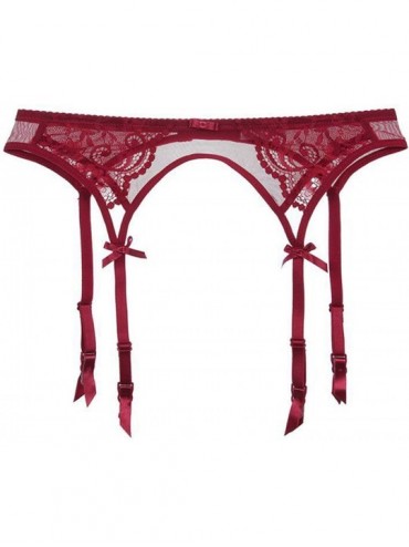 Garters & Garter Belts Womens Ultra-Thin Transparent Hollow Lace Mesh Bow-tie Garter Belt - Red - CU18AZRQOTW $31.36