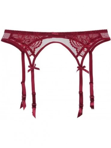 Garters & Garter Belts Womens Ultra-Thin Transparent Hollow Lace Mesh Bow-tie Garter Belt - Red - CU18AZRQOTW $29.35