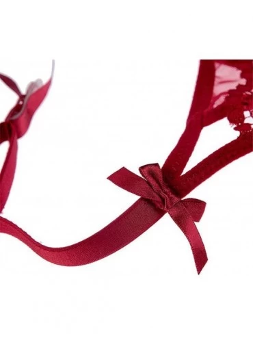 Garters & Garter Belts Womens Ultra-Thin Transparent Hollow Lace Mesh Bow-tie Garter Belt - Red - CU18AZRQOTW $18.90