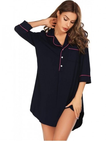 Robes Nightgown Women V Neck Nightshirt Boyfriend Sleep Shirt 3/4 Sleeve Button Sleepwear - Navy Blue - C618R20MSKH $35.34
