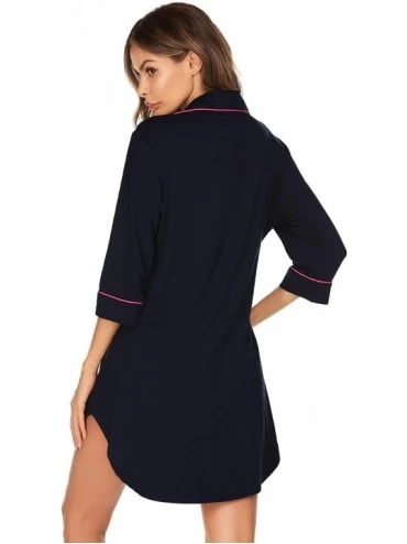 Robes Nightgown Women V Neck Nightshirt Boyfriend Sleep Shirt 3/4 Sleeve Button Sleepwear - Navy Blue - C618R20MSKH $15.02