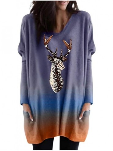 Slips Christmas Tunic Tops Womens Reindeer Graphic Long Sleeve T-Shirt Blouse with Pockets - Purple - CL192N3I943 $44.18