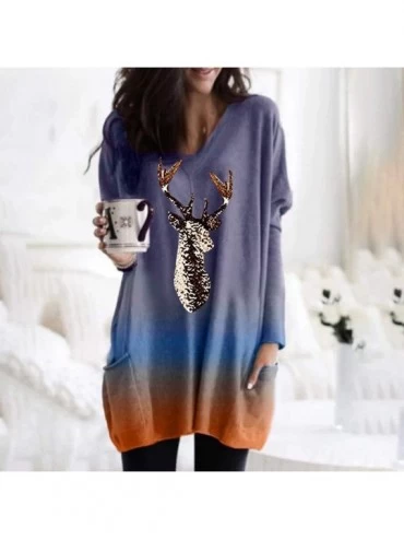 Slips Christmas Tunic Tops Womens Reindeer Graphic Long Sleeve T-Shirt Blouse with Pockets - Purple - CL192N3I943 $16.88