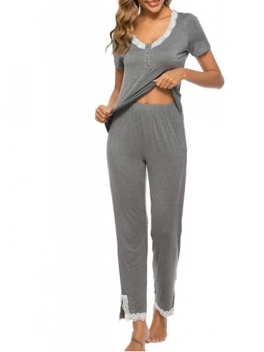 Sets Women Long Pajama Set Cotton Short Sleeve Tops & Pants Soft Pjs Loungwear Sleepwear Set - Grey - CJ18YYRMT6Q $50.37