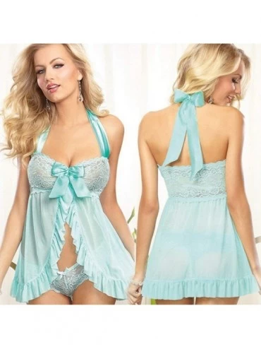 Nightgowns & Sleepshirts Hanging Neck Women Mesh Nightdress Low-Cut Pajamas Woman Underwear Night Suit Blue - CQ199U8T8ZO $8.57