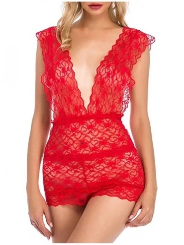 Bustiers & Corsets New Sexy V-Neck Women Lace Lingerie Bodysuit Pajamas Nightdress Sleepwear S-3XL - Red - CX199U8U9S3 $13.35